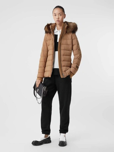 Burberry Faux Fur Trim Detachable Hood Puffer Jacket In Soft Camel