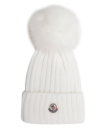 Moncler Kid's Virgin Wool Knit Beanie Hat W/ Fur Pompom In White