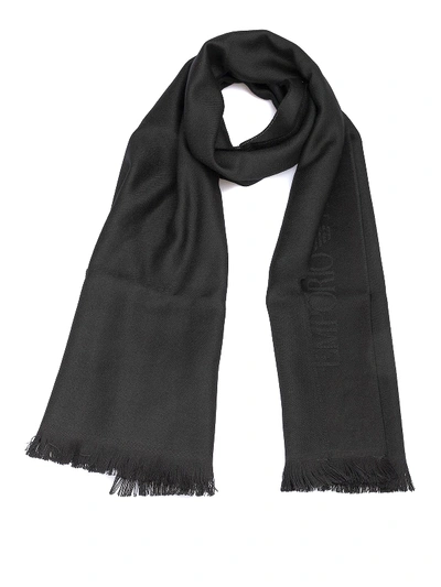 Emporio Armani Black Logo Lettering Wool Fringed Scarf