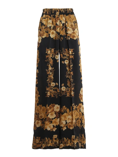 Twinset Floral Twill Palazzo Trousers In Black
