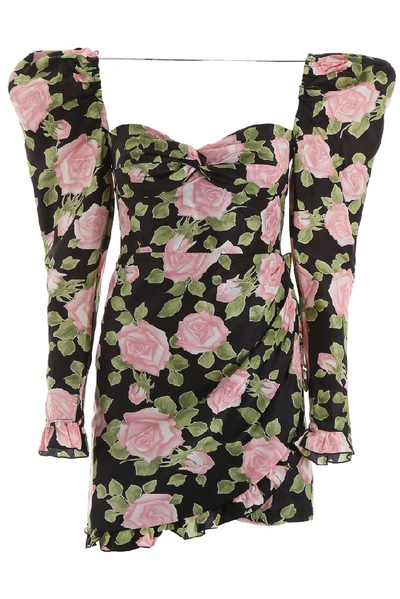Alessandra Rich Ruffled Floral-print Silk-taffeta Mini Dress In Black,pink