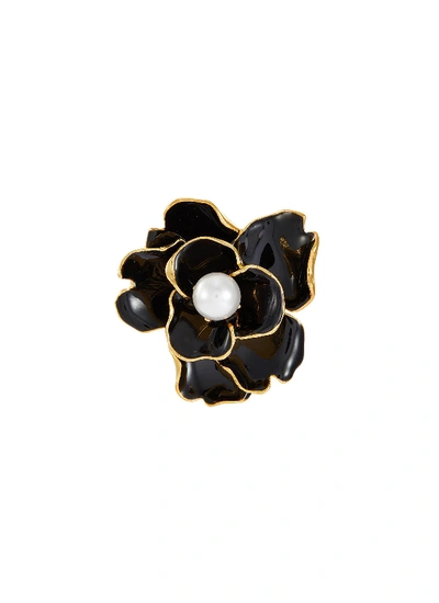 Kenneth Jay Lane Enamel Flower Glass Pearl Brooch In Black