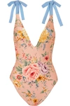 ZIMMERMANN ZINNIA BOW-DETAILED GROSGRAIN AND FLORAL-PRINT SWIMSUIT