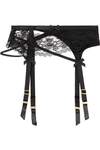 AGENT PROVOCATEUR FOXI SILK-BLEND SATIN AND LEAVERS LACE SUSPENDER BELT