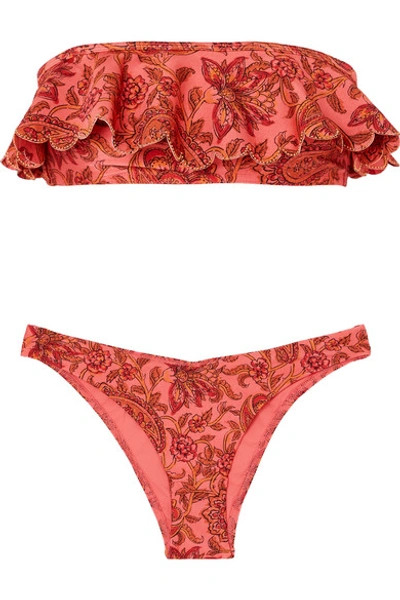 Zimmermann Edie Embellished Ruffled Floral-print Bandeau Bikini In Papaya