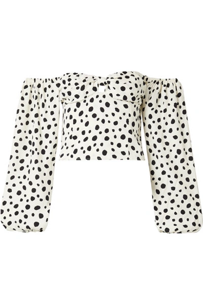 Reformation Simi Off-the-shoulder Shirred Polka-dot Crepe De Chine Blouse In White