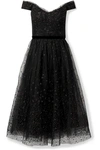 MARCHESA NOTTE OFF-THE-SHOULDER GLITTERED TULLE GOWN