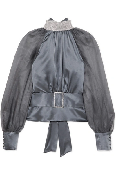 Harmur Open-back Belted Crystal-embellished Silk-satin And Tulle Blouse In Gunmetal