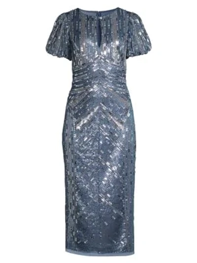 Aidan Mattox Beaded Keyhole Midi Dress In Blue Grey