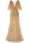 MONIQUE LHUILLIER MESH-TRIMMED SEQUIN-EMBELLISHED TULLE GOWN