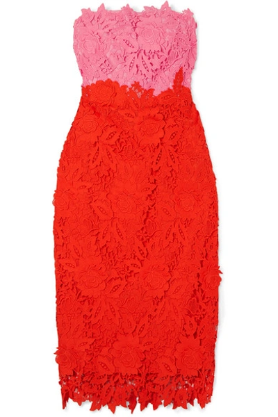 Lela Rose Strapless Two-tone Guipure Lace Midi Dress In Red