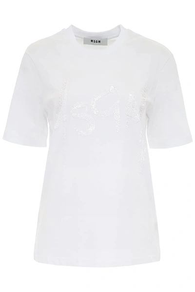 Msgm T-shirt With Sequins Logo In White