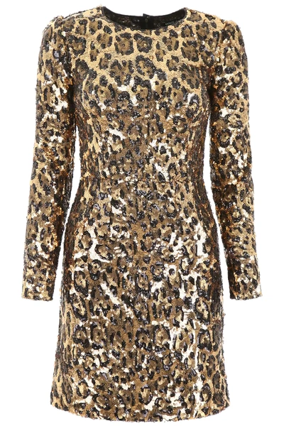 Dolce & Gabbana Leopard Print Sequins Dress In Gold,black