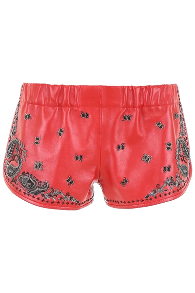 Saint Laurent Embroidered Leather Shorts In Red