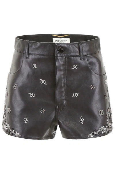 Saint Laurent Embroidered Leather Shorts In Black