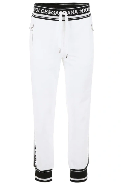 Dolce & Gabbana Logo Bands Jogging Style White Pants In White,black