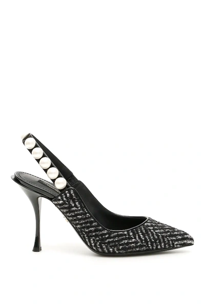 Dolce & Gabbana Lori Chevron Slingbacks With Pearls In Black,grey,white