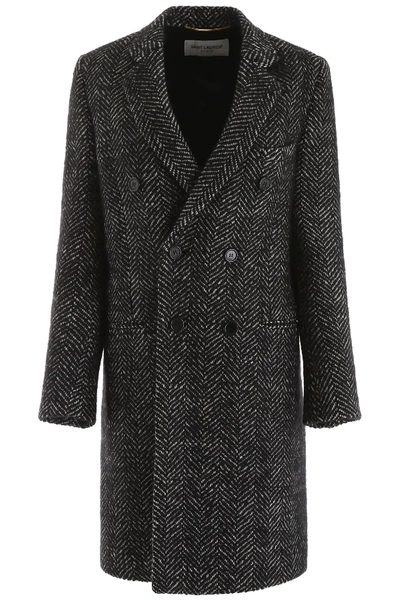 Saint Laurent Chevron Wool Coat In Black,grey