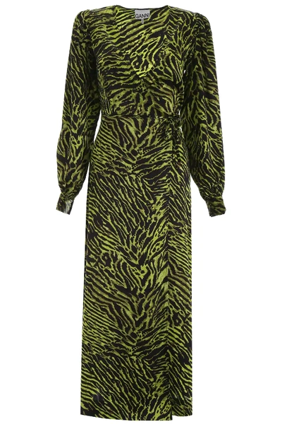 Ganni Zebra-printed Wrap Dress In Green,black