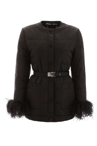 Miu Miu Puffer Jacket With Ostrich Feathers In Black