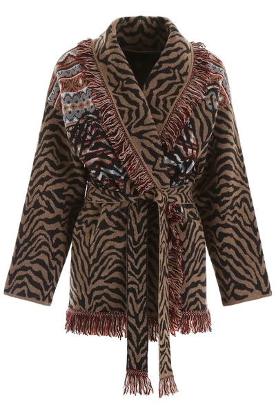 Alanui Jacquard Animalier Cardigan In Beige,black,red