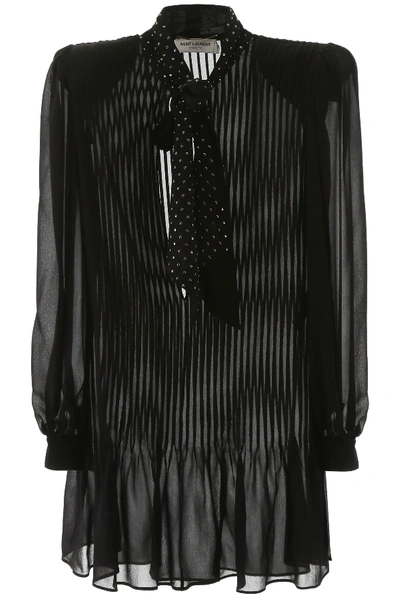 Saint Laurent Lurex Dot Silk Sheer Muslin Mini Dress In Black