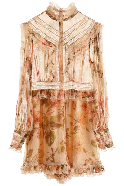 Zimmermann Short Silk Jumpsuit In Beige,orange,pink