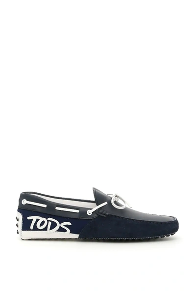 Tod's Gommino Mocassins With Logo Patch In White,blue