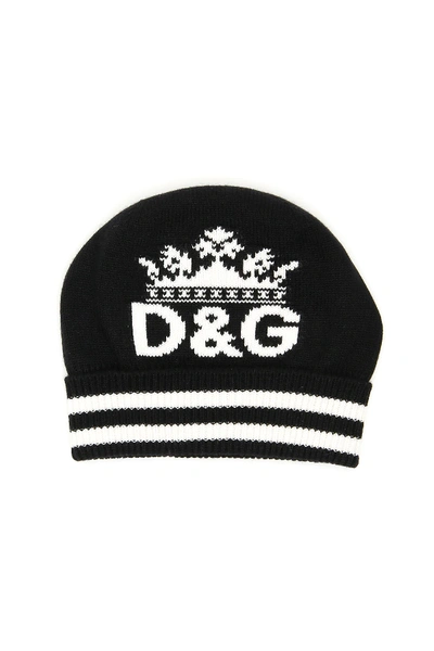 Dolce & Gabbana Crown Logo Knit Striped Beanie In Black,white