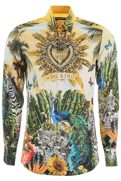 Dolce & Gabbana Cotton Gold Shirt With Tropical King Print In Yellow,green,blue