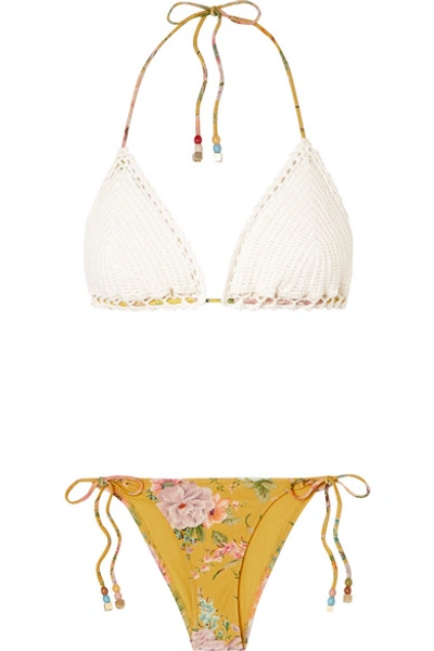 Zimmermann Zinnia Crochet And Floral-print Triangle Bikini In White
