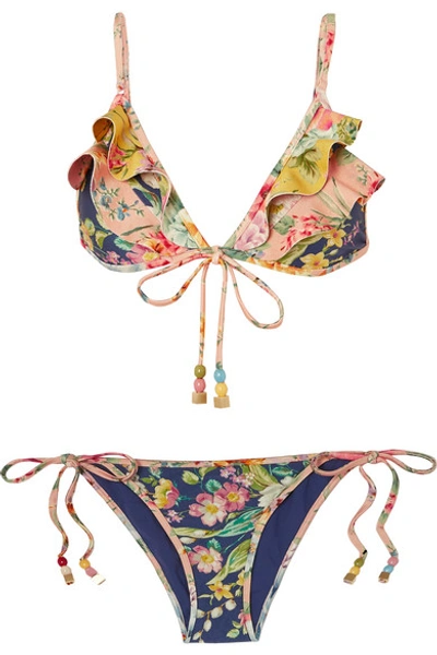 Zimmermann Zinnia Ruffled Floral-print Triangle Bikini In Pastel Orange