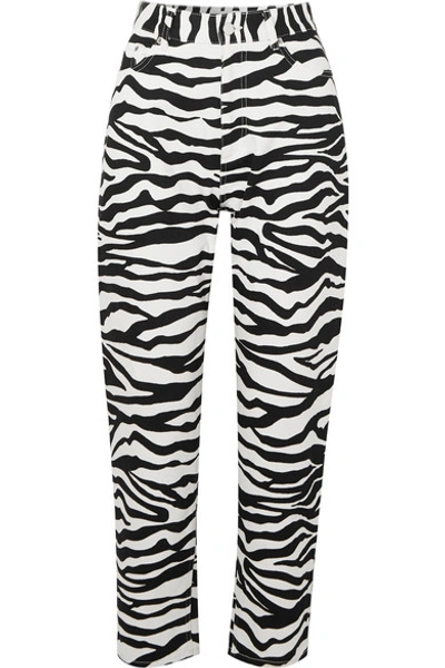Attico Cropped Zebra-print High-rise Tapered Jeans In Black,white