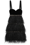 RALPH & RUSSO EMBELLISHED FEATHER-TRIMMED VELVET AND CREPE DE CHINE MINI DRESS