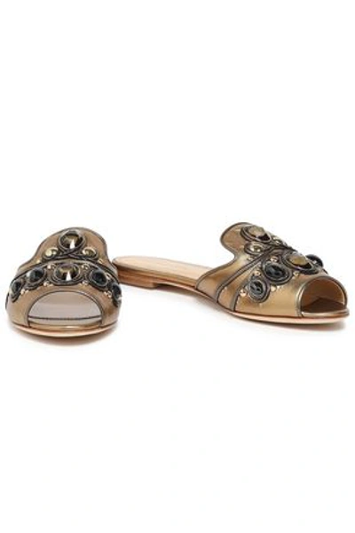 Sergio Rossi Woman Embellished Metallic Leather Slides Gold In Pattern