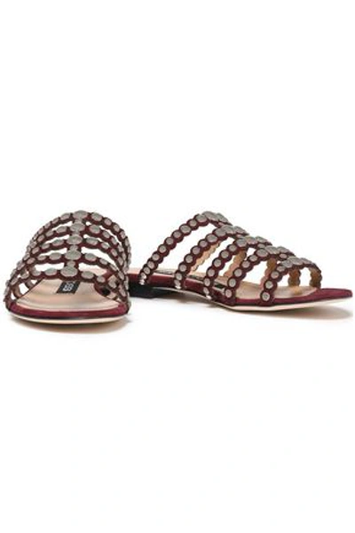 Sergio Rossi Woman Scalloped Studded Suede Slides Burgundy