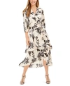 CALVIN KLEIN BELTED PRINTED MIDI TIERED DRESS