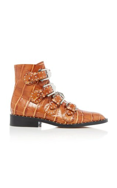 Givenchy Studded Croc-effect Leather Ankle Boots In Brown