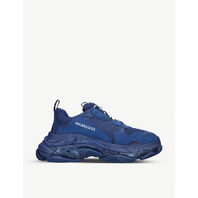Balenciaga Triple S Runner Leather And Mesh Trainers In Navy