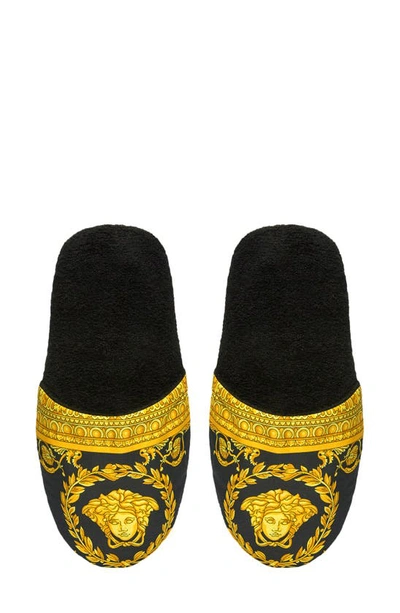 Versace Baroque-print Cotton-terry Slippers In Black