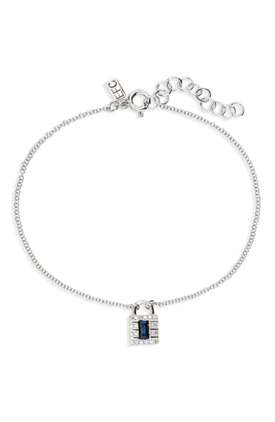 Ef Collection Mini Diamond Lock Charm Bracelet In White Gold/ Blue Sapphire