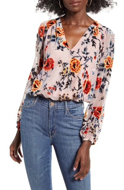 Astr Faux Wrap Burnout Top In Blush/ Red Floral Burnout