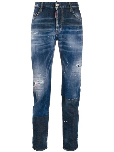 Dsquared2 Orange Logo Patch Jeans With Paint Splatter In Blue