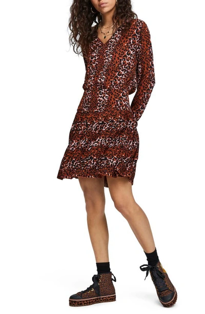 Scotch & Soda Leopard Print Pleated Long Sleeve Dress In Combo X