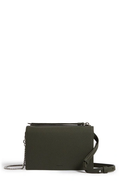 Allsaints Fetch Large Leather Chain Wallet Crossbody In Khaki Green/silver