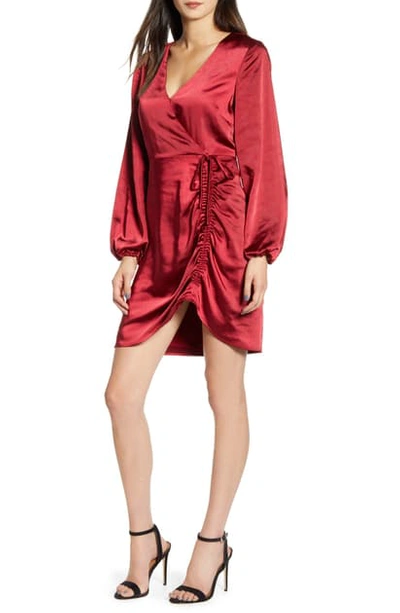 Cupcakes And Cashmere Brooklyn Faux Wrap Long Sleeve Satin Dress In Currant Red