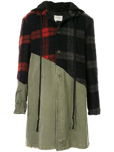 Greg Lauren Contrast Panel Checked Coat In Black