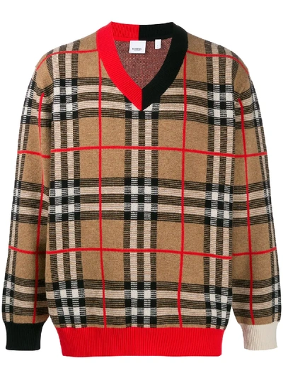 Burberry Duggan Check V-neck Sweater In Neutrals
