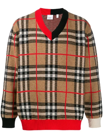 Burberry Duggan Check V-neck Sweater In Beige