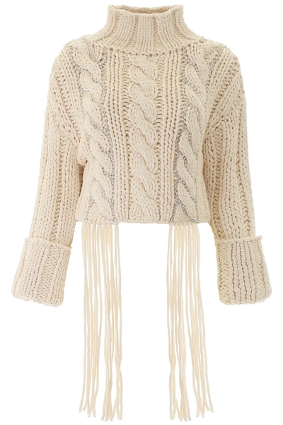 Area Cropped Tasseled Crystal-embellished Cable-knit Cotton-blend Sweater In White